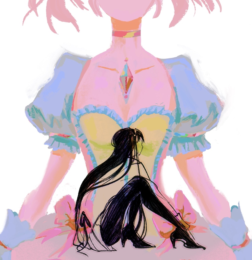 2girls, absurdres, akemi_homura, akemi_homura_(magical_girl), arms_at_sides, bigskycastle, black_footwear, black_hair