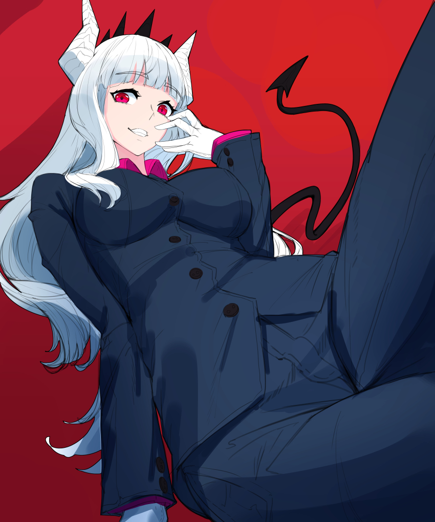 1girl, absurdres, black_pants, blunt_bangs, breasts, buttons, cowboy_shot, demon_girl