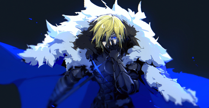 1boy, absurdres, armor, black_background, blonde_hair, blue_cape, blue_eyes, breastplate