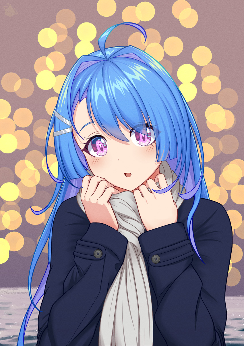 1girl, absurdres, ahoge, azur_lane, blue_hair, blurry, depth_of_field, hair_intakes