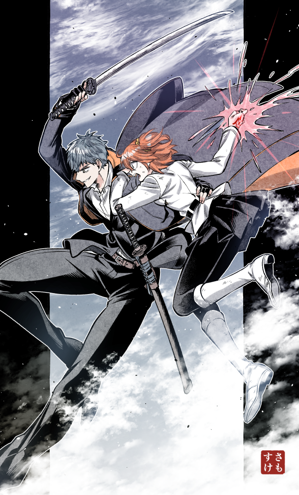 1boy, 1girl, ahoge, belt, black_gloves, black_jacket, black_pants, black_pantyhose