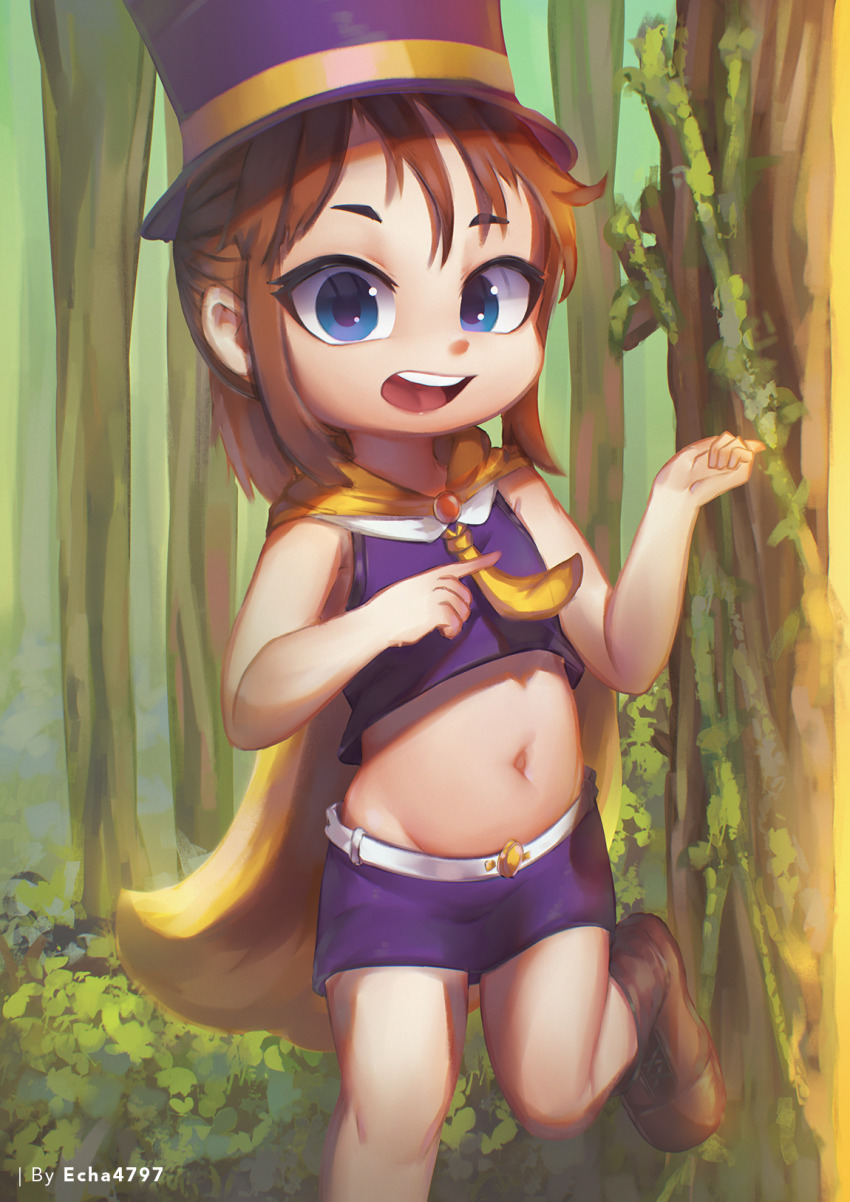 1girl, a_hat_in_time, artist_name, blue_eyes, brown_hair, cape, child, echowocha, female_focus, flat_chest, hat, hat_kid, highres, midriff, nature, open_mouth, outdoors, plant, short_shorts, shorts, solo, top_hat, tree, vines, yellow_neckwear