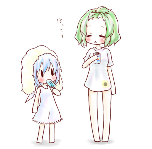 2girls, alternate_costume, alternate_hairstyle, bad_id, bad_pixiv_id, barefoot, blush, chibi