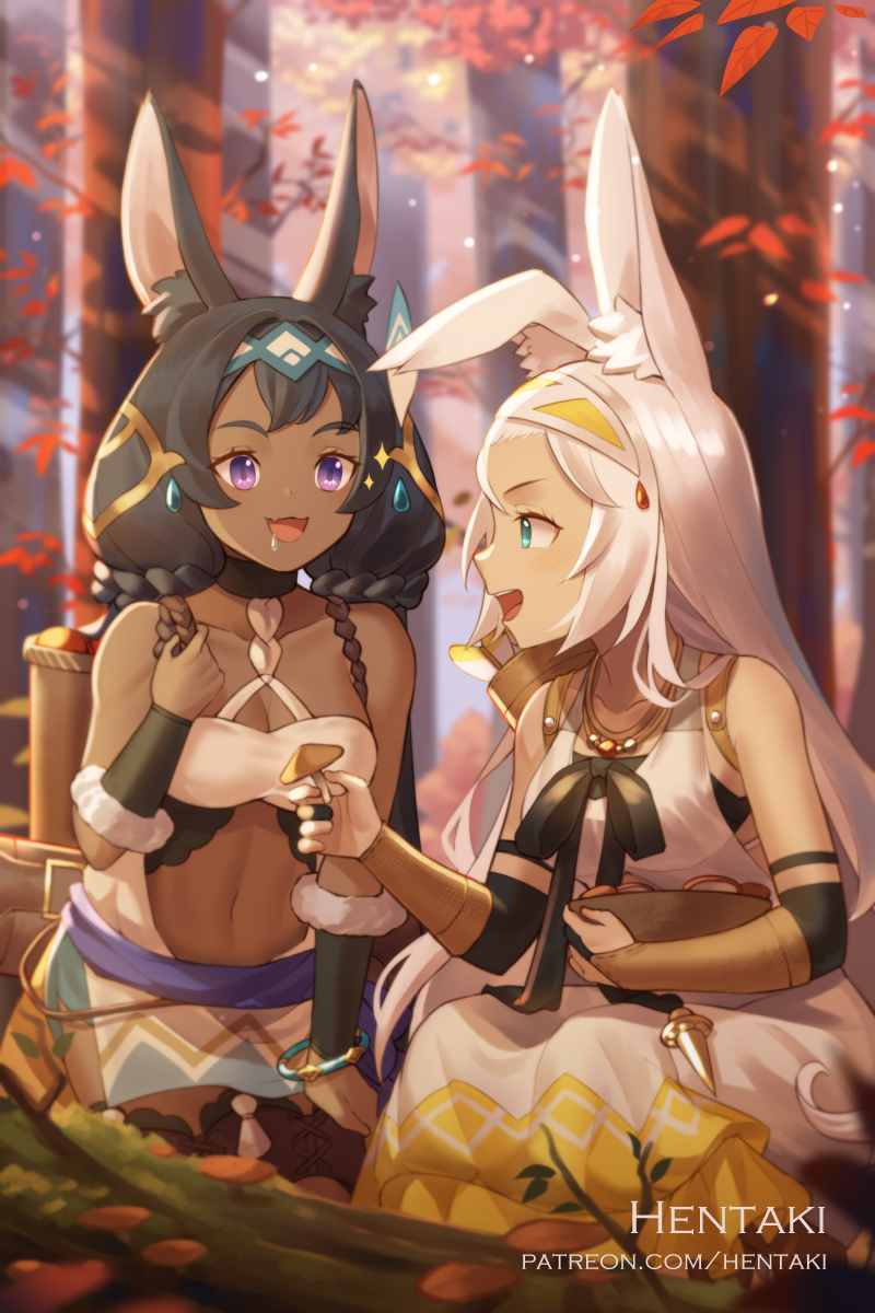 2girls, :d, animal_ears, artist_name, bandeau, bare_shoulders, black_hair, blue_eyes
