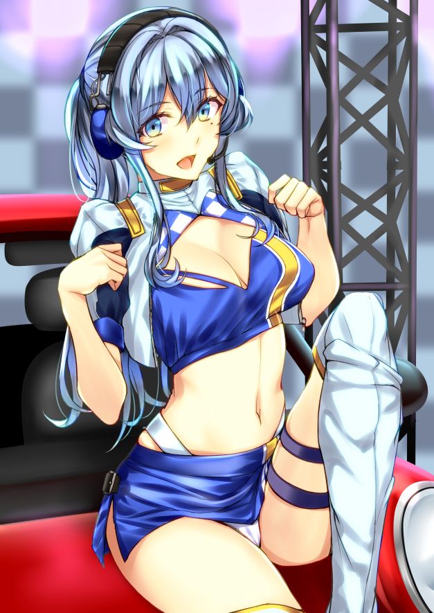 1girl, alternate_costume, arms_up, bandeau, blue_bandeau, blue_eyes, blue_hair, blush