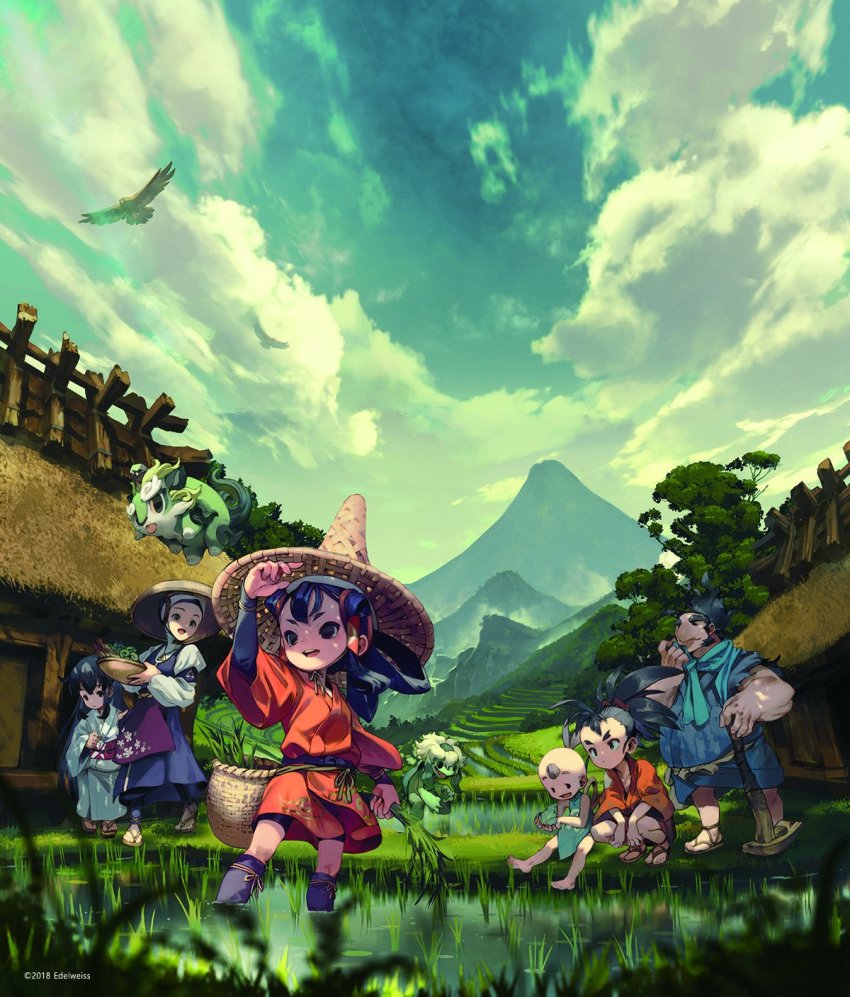 3boys, 3girls, apron, artist_request, bald, barefoot, basket, bird, black_eyes, black_hair, cloud, cloudy_sky, day, field, grass, green_eyes, hair_rings, hair_tubes, hat, highres, hoe, japanese_clothes, kaimaru, kappa, kimono, kinta_(tensui_no_sakuna-hime), komainu, long_hair, mountain, multiple_boys, multiple_girls, muscular, myrthe, non-web_source, official_art, outdoors, ponytail, rice_hat, rice_paddy, rice_planting, sakuna-hime, sandals, scenery, sitting, sky, source_request, squatting, standing, tama-jii, tauemon, tensui_no_sakuna-hime, wading, water, yui_(tensui_no_sakuna-hime)