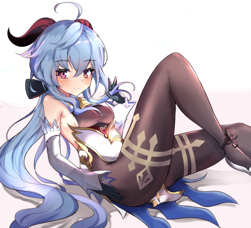 1girl, ahoge, black_bodysuit, black_pantyhose, blue_hair, blush, bodysuit, bodysuit_under_clothes, breasts, cowbell, full_body, ganyu_(genshin_impact), genshin_impact, gloves, half-closed_eyes, highres, horns, koshian_(taiyaki), leg_up, long_hair, looking_at_viewer, lying, medium_breasts, on_back, pantyhose, ponytail, purple_eyes, sideboob, smile, solo