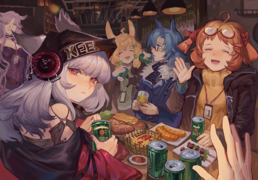 5girls, :d, ^_^, absurdres, ahoge, animal_ears, arknights, bare_shoulders, beagle_(arknights), beer_can, bingansuan_jiamouren, black_headwear, black_jacket, blonde_hair, blue_eyes, blue_hair, blue_jacket, bow, can, closed_eyes, deer_ears, drink_can, eyewear_on_head, fang_(arknights), fang_(cruciata)_(arknights), food, fox_ears, frostleaf_(arknights), fur-trimmed_jacket, fur_trim, gitano_(arknights), green_bow, grey_eyes, hair_bow, hand_up, headphones, highres, holding, holding_can, indoors, jacket, kroos_(arknights), long_hair, looking_at_viewer, multiple_girls, nail_polish, off_shoulder, official_alternate_costume, open_clothes, open_jacket, open_mouth, pov, rabbit_ears, red-framed_eyewear, red_eyes, red_nails, silver_hair, smile, sweater, turtleneck, turtleneck_sweater, very_long_hair, yellow_sweater