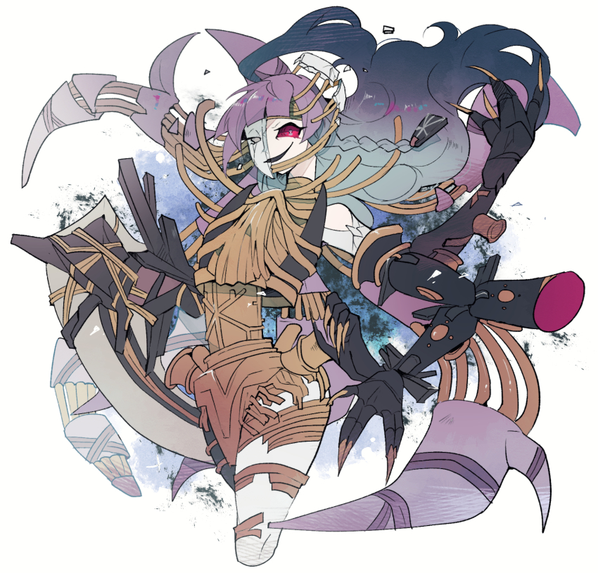 1girl, android, broken_mask, dark_persona, duel_monster, evil_grin, evil_smile, extra_arms