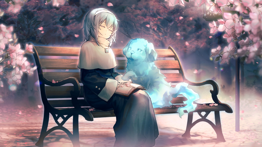 18_(backstreetno18), 1girl, bench, black_robe, blurry, blurry_background, book, book_on_lap