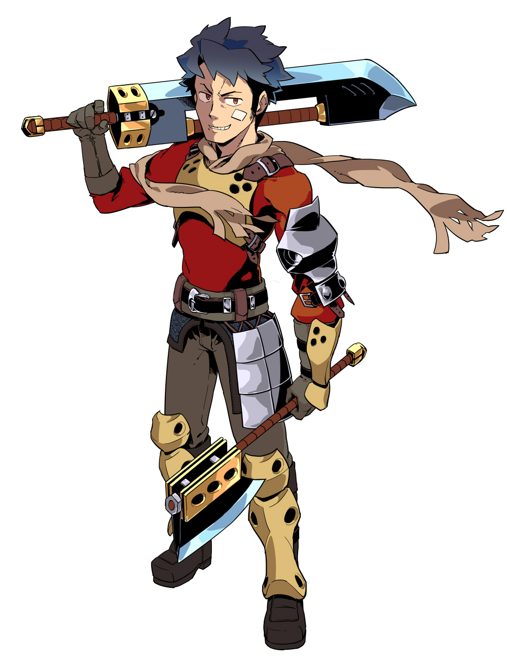 1boy, armor, axe, blue_hair, dual_wielding, etrian_odyssey, full_body, gloves