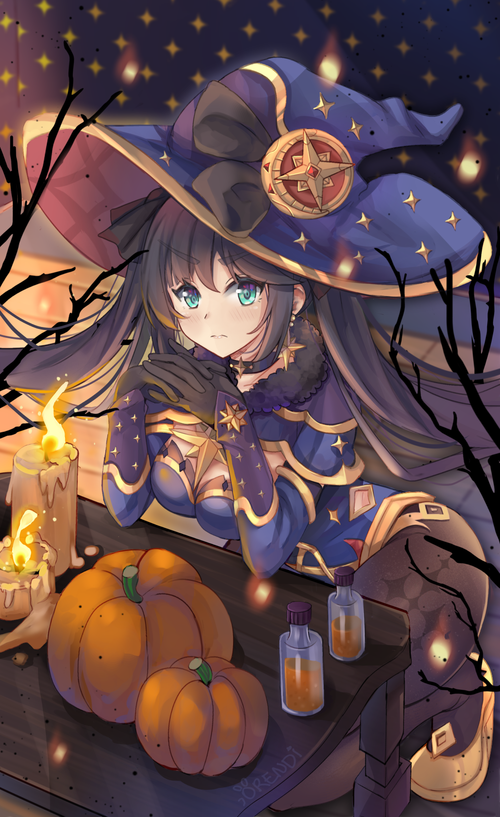 1girl, black_gloves, black_hair, black_pantyhose, bottle, branch, breasts, candle