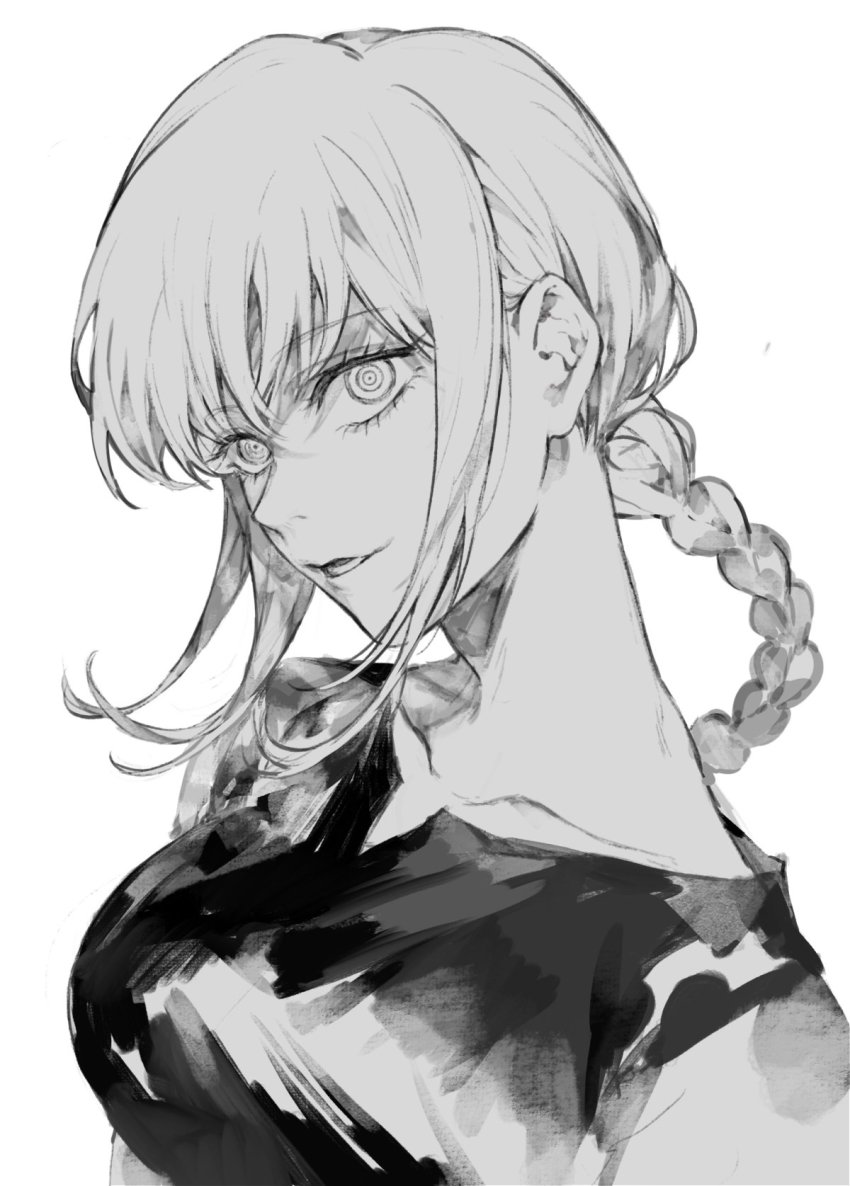 1girl, black_dress, braid, braided_ponytail, breasts, chainsaw_man, collarbone, dress