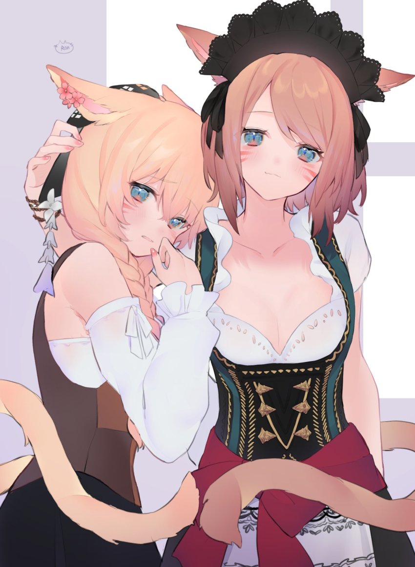 2girls, animal_ears, warrior_of_light_(ff14), bad_id, bad_twitter_id, bare_shoulders, blonde_hair, blue_eyes