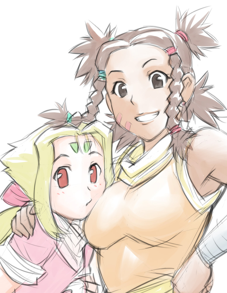 2girls, blonde_hair, braid, breasts, brown_eyes, brown_hair, dark_skin, dark-skinned_female