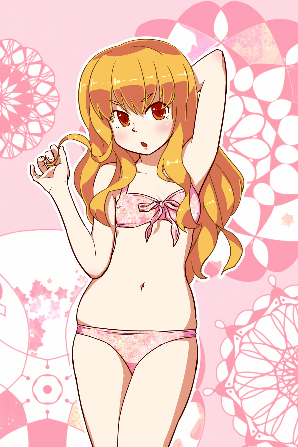 1girl, :o, arm_behind_head, blonde_hair, blush, bow, bow_bra, bra