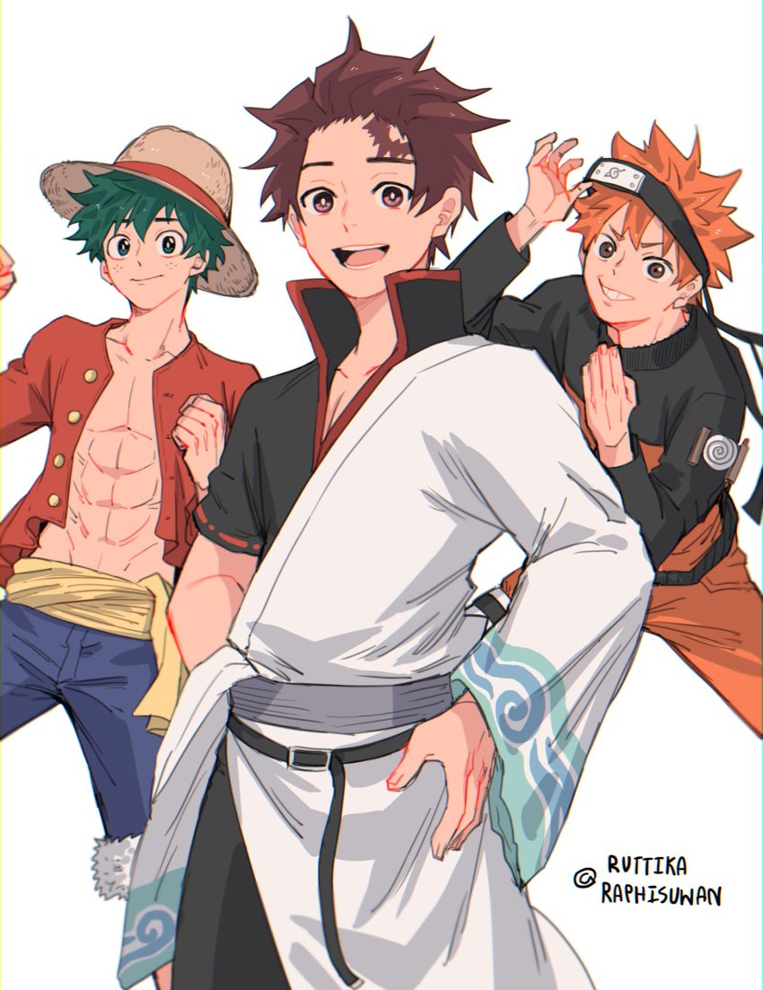 3boys, bandana, boku_no_hero_academia, brown_eyes, cosplay, crossover, gintama, green_eyes, green_hair, grin, haikyuu!!, hat, highres, hinata_shouyou, jacket, japanese_clothes, kamado_tanjirou, kimetsu_no_yaiba, kimono, male_focus, midoriya_izuku, monkey_d._luffy, monkey_d._luffy_(cosplay), multiple_boys, multiple_crossover, naruto_(series), one_piece, open_mouth, orange_hair, pants, red_jacket, ruttika_shin, sakata_gintoki_(cosplay), scar, scar_on_face, scar_on_forehead, shorts, smile, straw_hat, twitter_username, uzumaki_naruto_(cosplay), wide_sleeves