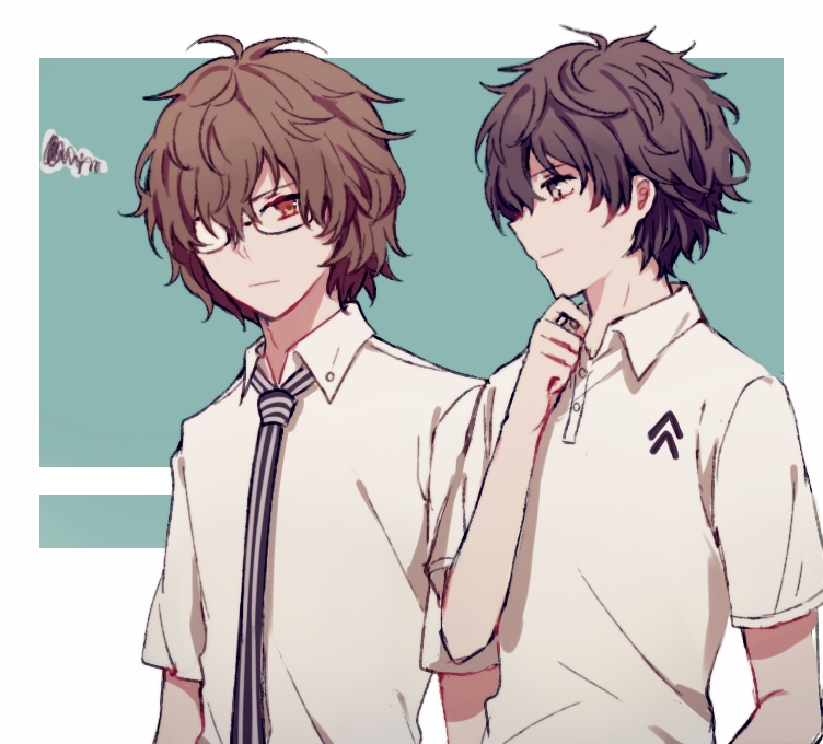 2boys, akechi_gorou, amamiya_ren, bad_id, bad_pixiv_id, bespectacled, black_eyes, black_hair