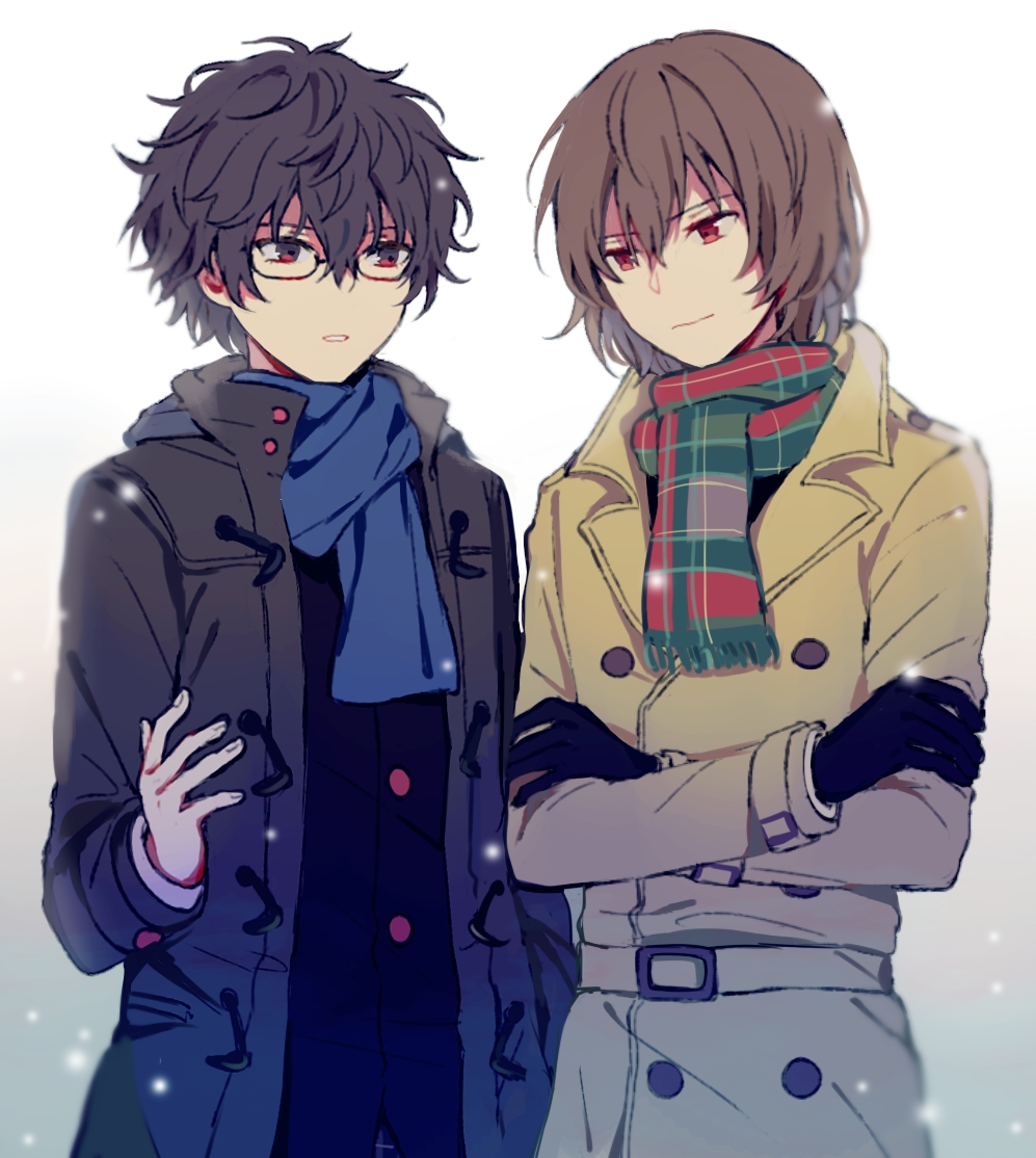 2boys, akechi_gorou, amamiya_ren, bad_id, bad_pixiv_id, black_eyes, black_gloves, black_hair