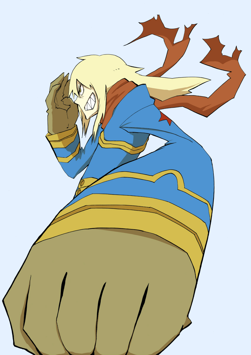 00s, 1boy, blonde_hair, foreshortening, grin, highres, karu_(ishiken), long_hair