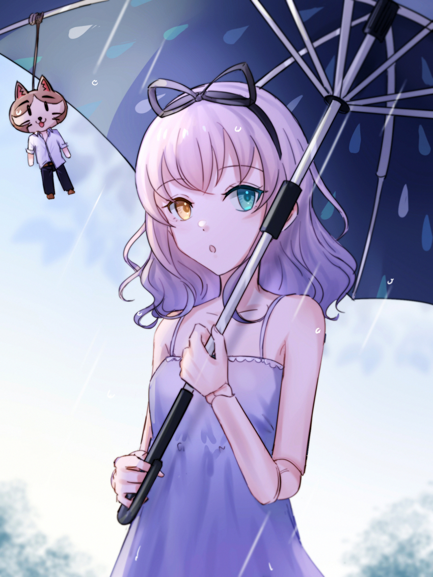 1girl, :o, bare_arms, bare_shoulders, black_hairband, black_ribbon, black_umbrella, character_doll, day, doll, doll_joints, dress, eiyuu_densetsu, falcom, green_eyes, hairband, hajimari_no_kiseki, haku_wi, heterochromia, highres, holding, holding_umbrella, joints, lapis_rosenberg, long_hair, outdoors, parted_lips, print_umbrella, purple_dress, rain, raindrop_print, ribbon, silver_hair, sleeveless, sleeveless_dress, solo, umbrella, upper_body, yellow_eyes