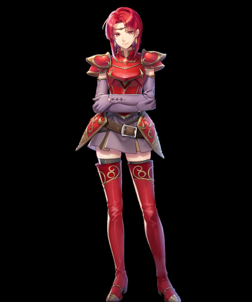 1girl, armor, belt, black_thighhighs, boots, breastplate, circlet, crossed_arms