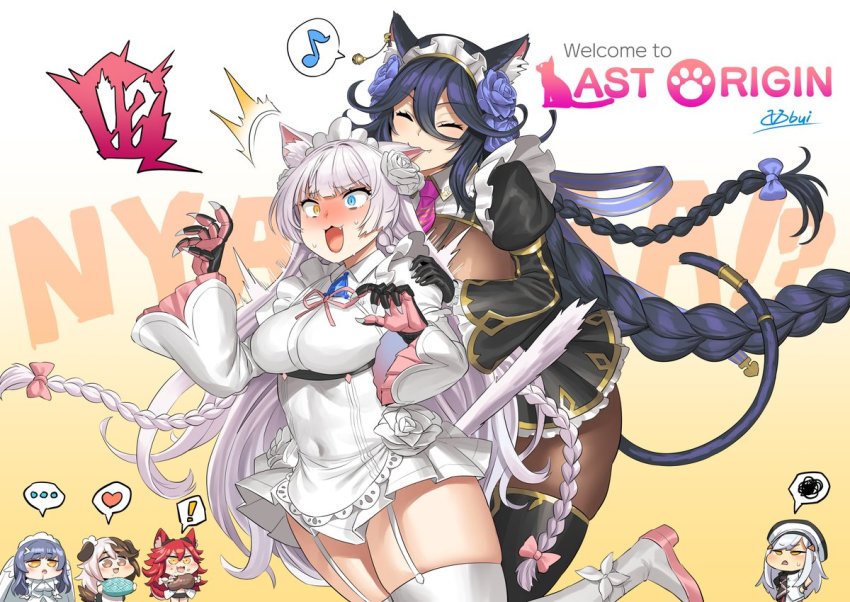 !, !?, ..., 6+girls, :3, animal_ears, biting, black_dress, black_gloves, black_legwear, black_lilith, blue_flower, blue_rose, blush, braid, breasts, cat_ears, cat_girl, cat_tail, claws, dog_ears, dress, biting_ear, fang, fenrir_(last_origin), flower, food, garter_straps, gloves, gradient_background, hachiko_of_castling, hair_between_eyes, hair_flower, hair_ornament, hat, heart, heterochromia, holding, large_breasts, last_origin, long_hair, maid_headdress, meat, multiple_girls, musical_note, obui, open_mouth, perrault_(last_origin), poi_(last_origin), rose, saliva, sidelocks, signature, simple_background, snow_feather_(last_origin), spoken_ellipsis, spoken_exclamation_mark, spoken_heart, spoken_squiggle, squiggle, sweat, tail, thighhighs, very_long_hair, white_dress, white_flower, white_legwear, white_rose