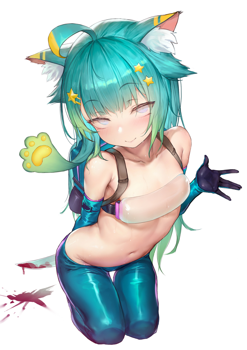 1girl, ahoge, among_us, animal_ear_fluff, animal_ears, backpack, bag, blonde_hair, blood, bloody_knife, bloody_weapon, blue_hair, blue_pantyhose, blush, cat_ears, elbow_gloves, gloves, gradient_hair, green_hair, hair_ornament, hairclip, highres, holding, holding_knife, holding_weapon, indie_virtual_youtuber, knife, lanmewko, lowleg, lowleg_pantyhose, medium_hair, midriff, multicolored_hair, navel, original, pantyhose, simple_background, skindentation, smile, solo, star_(symbol), star_hair_ornament, sweat, virtual_youtuber, waymay, weapon, white_background
