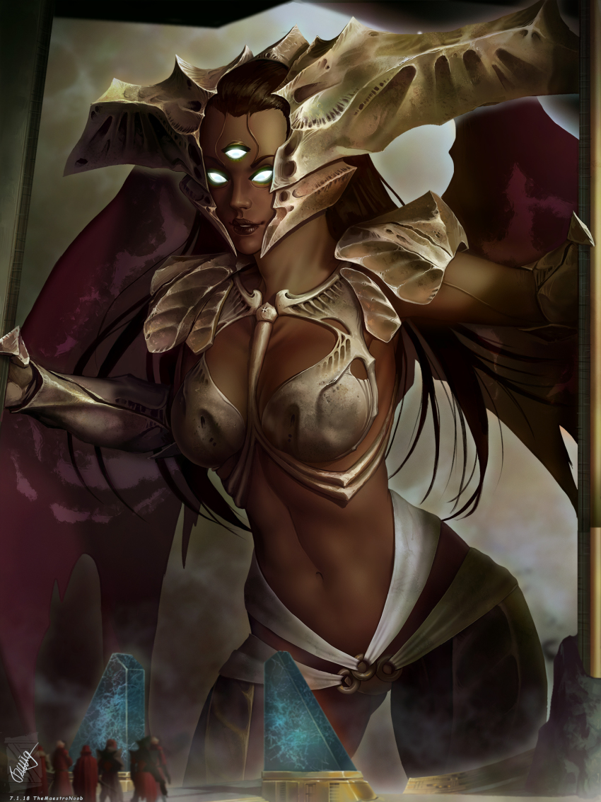 1girl, 6+others, armor, black_hair, bone_bra, breasts, broken_horn, colored_sclera, dark-skinned_female, dark_skin, destiny_(game), extra_eyes, gauntlets, genderswap, genderswap_(mtf), giant, giantess, glowing, glowing_eyes, green_sclera, highres, horns, lips, long_hair, medium_breasts, multiple_others, navel, no_pupils, nose, o-ring, oryx, shoulder_armor, size_difference, solo_focus, themaestronoob, third_eye