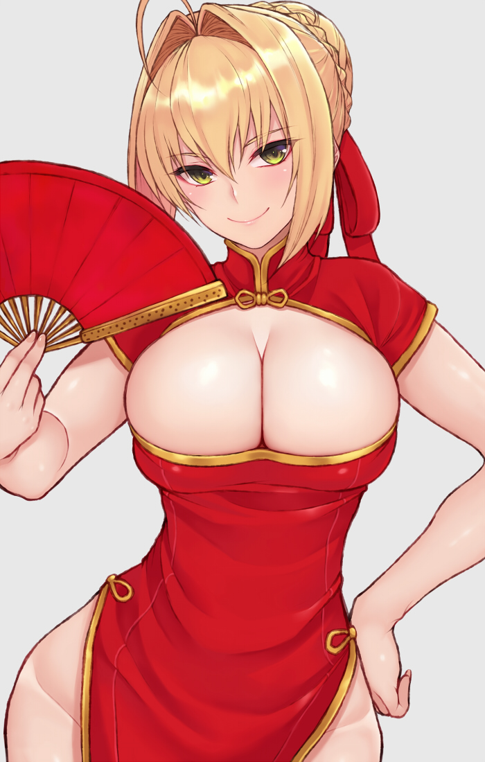 1girl, ahoge, alternate_costume, blonde_hair, breasts, china_dress, chinese_clothes, cleavage