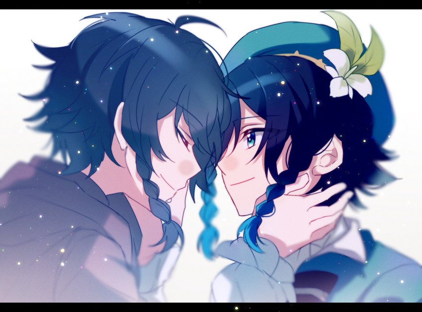 2boys, aged_down, ahoge, beret, black_hair, blue_eyes, blue_hair, blurry, bow, braid, brown_robe, closed_eyes, closed_mouth, commentary, depth_of_field, dual_persona, film_grain, flower, genshin_impact, gradient_hair, green_headwear, hand_on_another's_cheek, hand_on_another's_face, hat, hat_flower, kouzuki_(kuzk_0512), letterboxed, light_particles, long_sleeves, looking_at_another, male_focus, multicolored_hair, multiple_boys, puffy_sleeves, robe, sideways_mouth, smile, spoilers, striped_bow, time_paradox, twin_braids, venti_(genshin_impact)