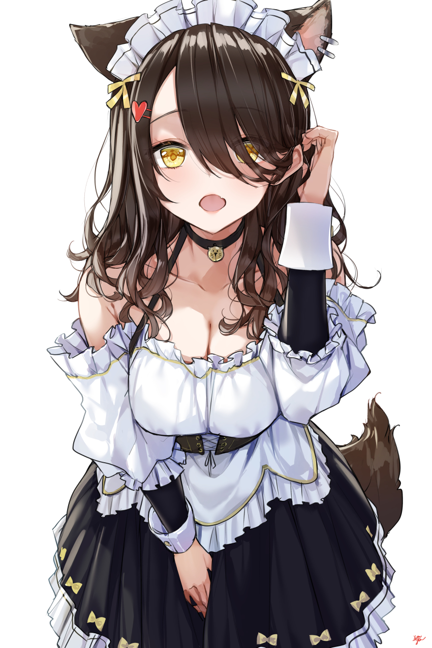 1girl, absurdres, adjusting_hair, alternate_costume, animal_ears, bare_shoulders, black_choker, black_skirt, breasts, brown_eyes, brown_hair, choker, cleavage, collarbone, commentary_request, detached_sleeves, enmaided, fang, glasses, hair_ornament, hair_over_one_eye, hairclip, hand_up, hat, heart, heart_hair_ornament, highres, large_breasts, leaning_forward, light_up, long_hair, long_sleeves, looking_at_viewer, maid, maid_headdress, open_mouth, simple_background, skin_fang, skirt, smile, solo, sweater, tail, takenoko_no_you, virtual_youtuber, white_background, wolf_ears, wolf_girl, wolf_tail, yuzuki_uru
