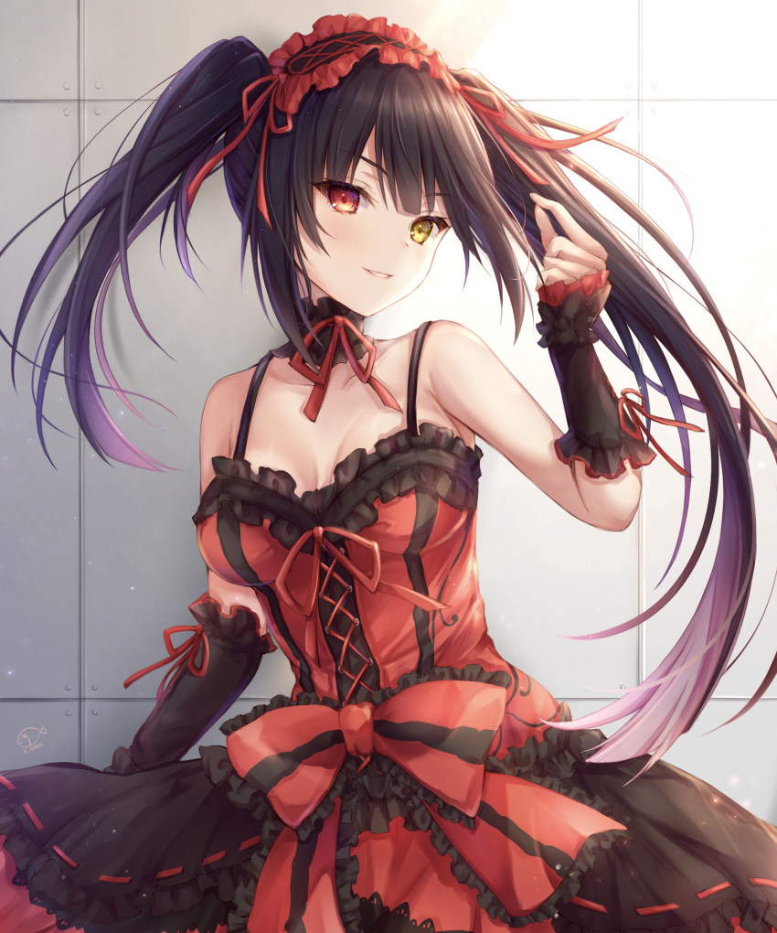 1girl, absurdres, arm_up, black_dress, black_hair, bow, breasts, clock_eyes, cowboy_shot, date_a_live, detached_sleeves, dress, dress_bow, hairband, heterochromia, highres, kiri_celea, lolita_fashion, lolita_hairband, long_hair, long_sleeves, looking_at_viewer, medium_breasts, multicolored_dress, parted_lips, red_dress, red_eyes, red_ribbon, ribbon, sidelocks, simple_background, smile, solo, symbol-shaped_pupils, tokisaki_kurumi, twintails, yellow_eyes