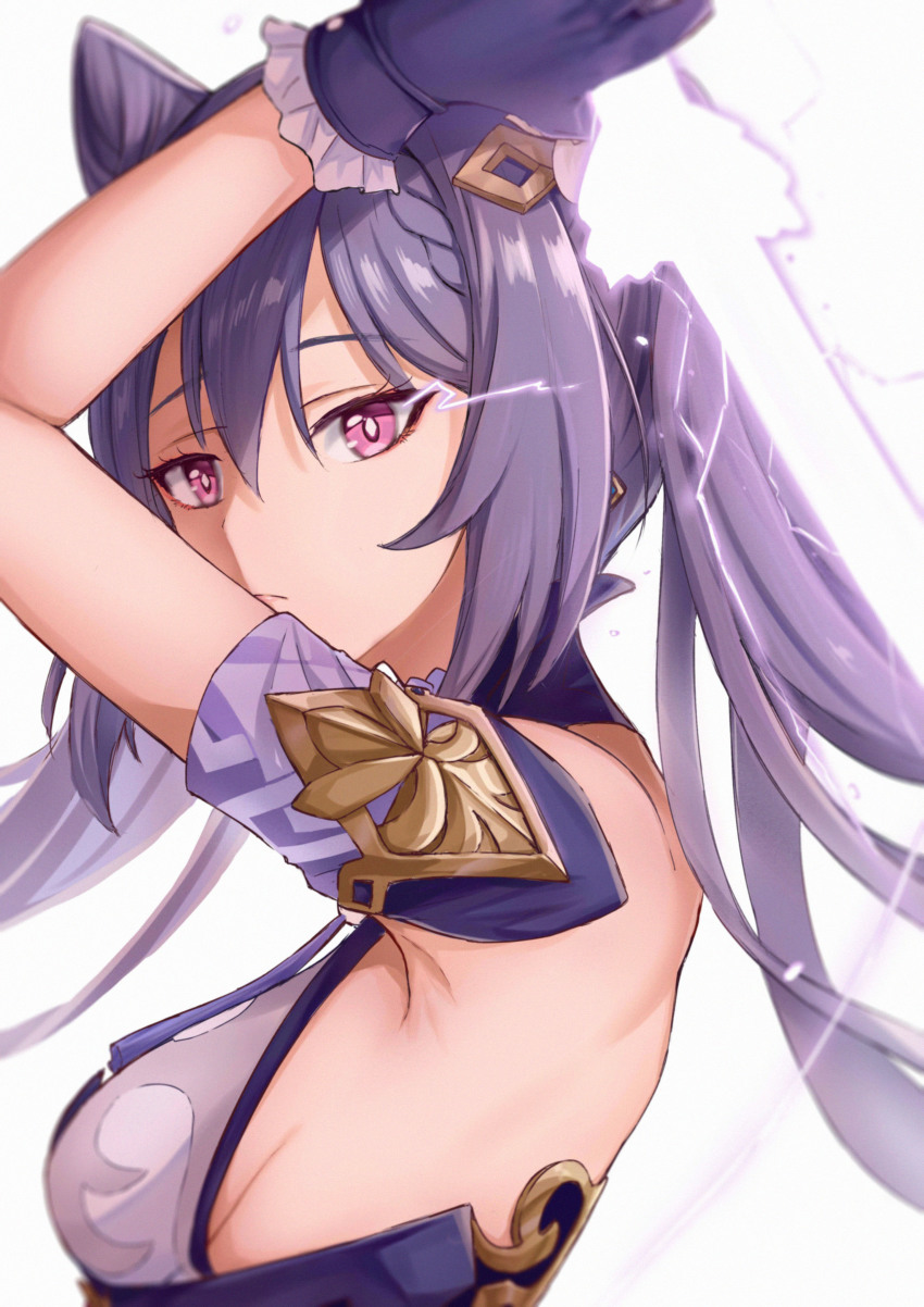 1girl, absurdres, armpits, arms_up, bare_shoulders, breasts, cone_hair_bun, double_bun