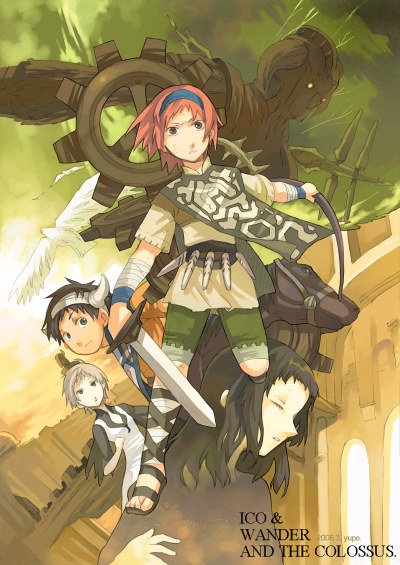 2boys, 2girls, agro, bad_anatomy, bad_id, bad_pixiv_id, bandages, bird, black_eyes, black_hair, brown_eyes, character_name, closed_eyes, colossus, crossover, dress, giant, horns, horse, ico, ico_(character), long_hair, malus_(shadow_of_the_colossus), mono_(shadow_of_the_colossus), multiple_boys, multiple_girls, poncho, poorly_drawn, queen, red_hair, sandals, shadow_of_the_colossus, short_hair, silver_hair, sky, surcoat, sword, tabard, wander_(shadow_of_the_colossus), weapon, yorda, yumi_(yupopi)