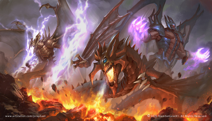 claws, commentary, demon, dragon, duel_monster, electricity, english_commentary, fire