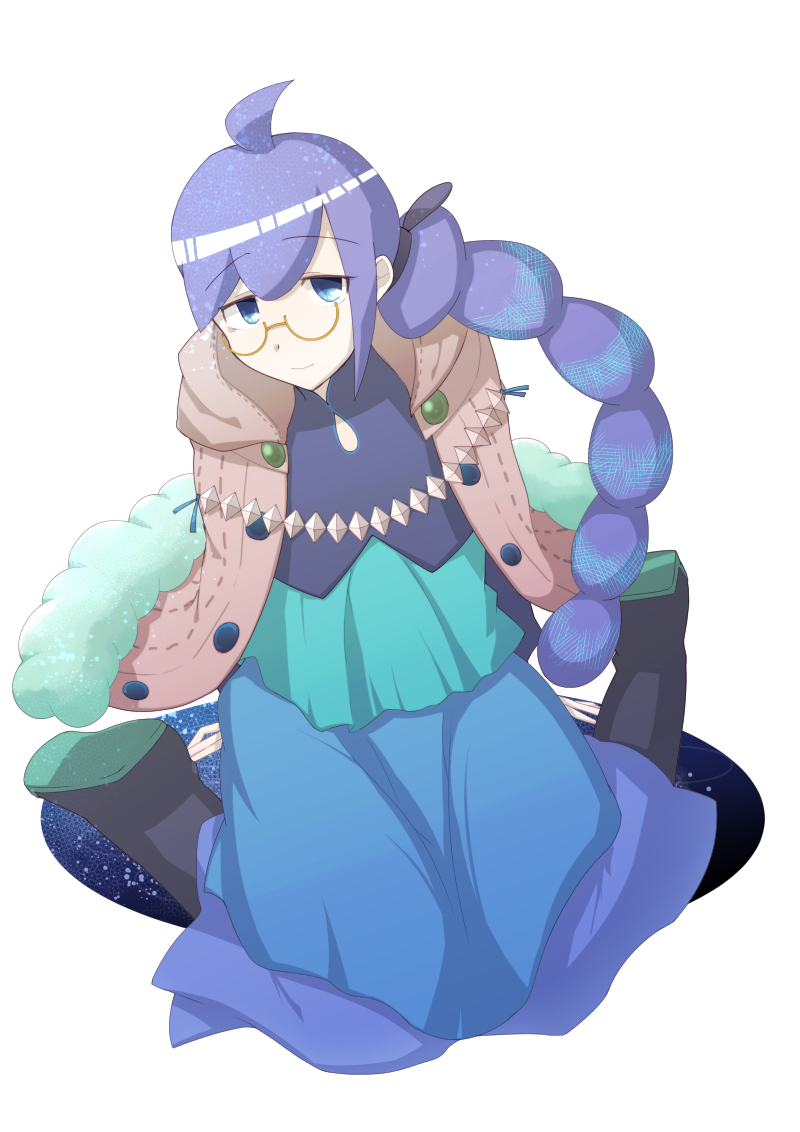 1girl, ahoge, black_footwear, blue_hair, blue_skirt, braid, capelet, duel_monster, glasses, rain_weather_lazula, sitting, skirt, solo, spread_legs, wariza, weathery_(yugioh), white_background, wocam, yu-gi-oh!