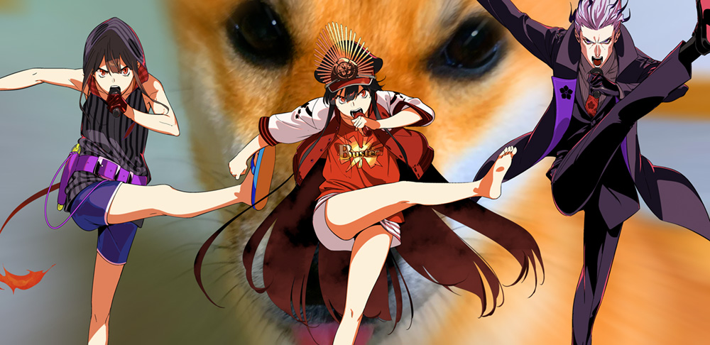 1girl, 2boys, akechi_mitsuhide_(fate), barefoot, belt, black_hair, black_headwear, black_jacket