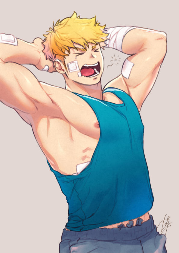 >_<, 1boy, bandaged_arm, bandages, bandaid, bandaid_on_face, bara, bare_shoulders