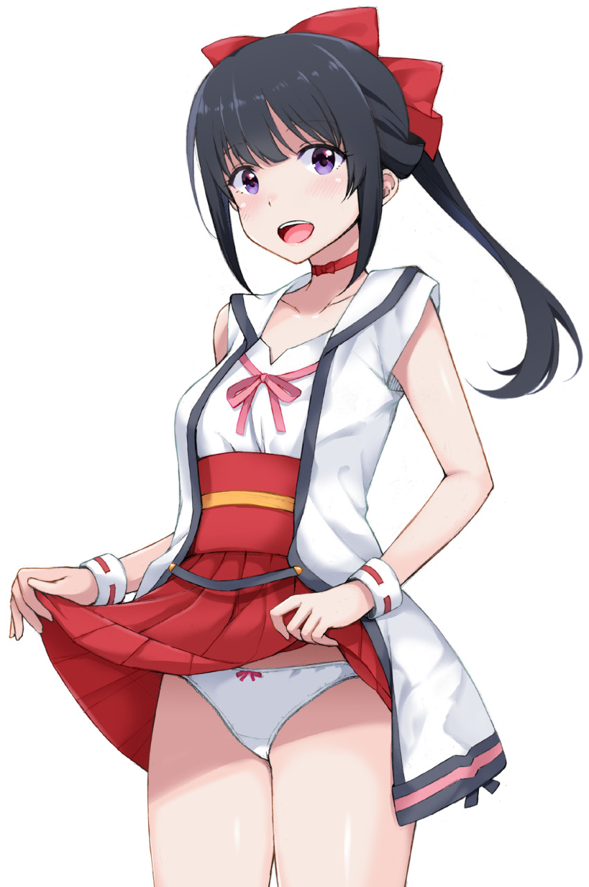 1girl, black_hair, blush, highres, looking_at_viewer, miniskirt, muguruma_miyako, open_mouth