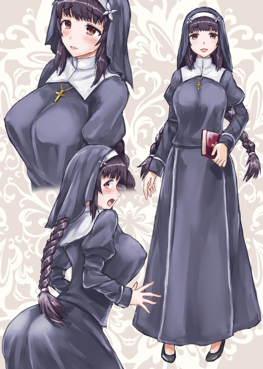 1girl, :o, absurdres, ass, black_dress, black_footwear, black_hair, blunt_bangs, blush, book, braid, braided_ponytail, breasts, brown_eyes, concept_art, cross, cross_necklace, dress, flower, habit, hair_flower, hair_ornament, highres, holding, holding_book, jewelry, juliet_sleeves, large_breasts, long_hair, long_sleeves, looking_at_viewer, md5_mismatch, multiple_views, necklace, nun, nun_headdress, puffy_sleeves, rabiane_(sinisistar), resolution_mismatch, sakatsu_ohane, sidelocks, simple_background, single_braid, sinisistar, source_smaller, standing, surprised, twin_braids, very_long_hair