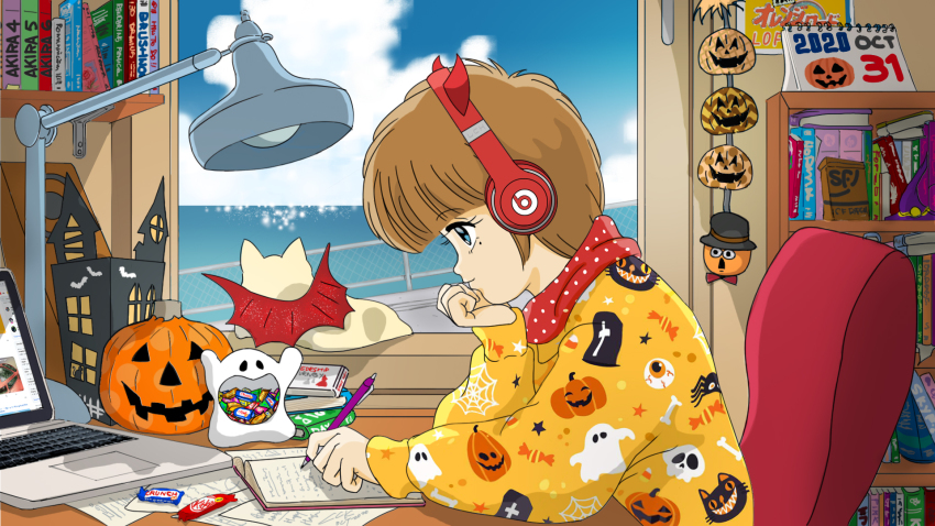 1girl, 2020, akira_(artist), beats_by_dr._dre, blue_eyes, book, bookshelf, brown_hair, calendar_(object), candy, candy_bar, cat, cloud, computer, desk, desk_lamp, food, halloween, head_rest, headphones, highres, hiyama_hikaru, jack-o'-lantern, jingoro_(cat), kimagure_orange_road, lamp, laptop, lck_concept, lofi_girl, lofi_girl_(youtube), manga_(object), matsumoto_izumi_(mangaka), mechanical_pencil, mole, mole_under_eye, ocean, paper, parody, pencil, pumpkin, scarf, short_hair, sitting, sky, window, writing