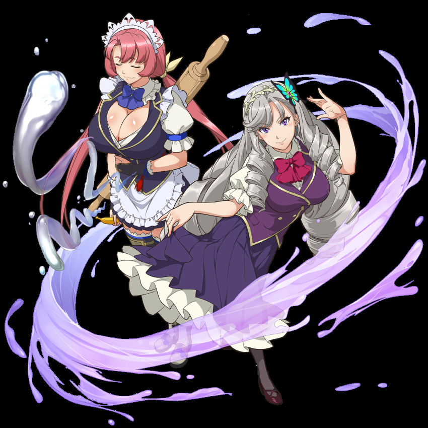 2girls, apron, banana, blazer, bow, bowtie, breasts, butterfly_hair_ornament