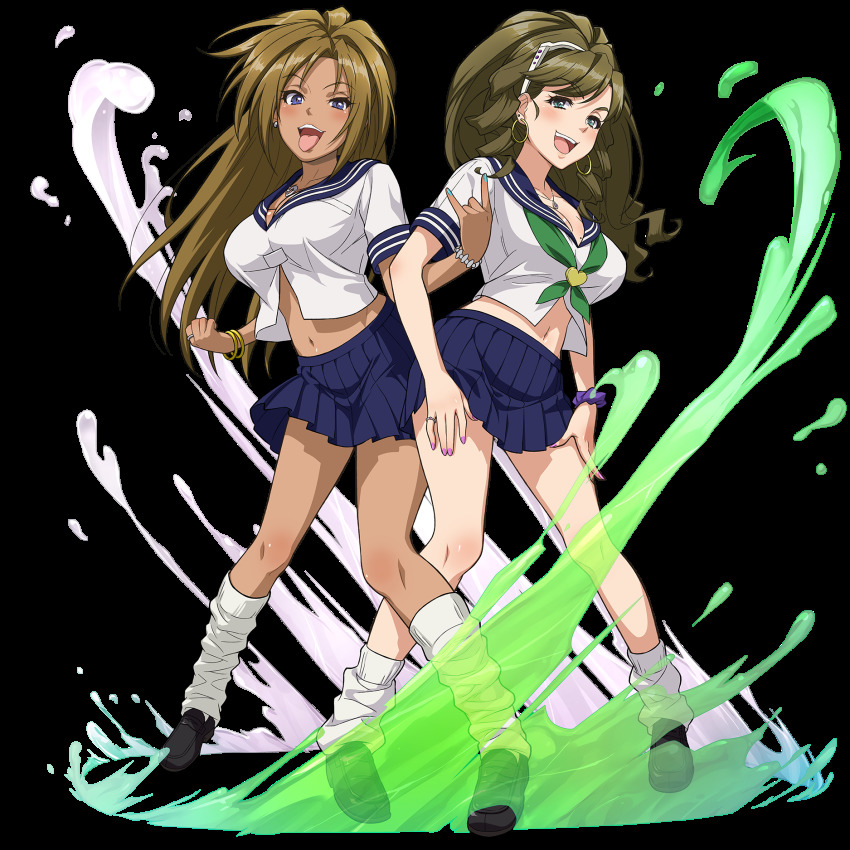 2girls, \||/, aqua_eyes, black_footwear, black_hair, blue_eyes, blue_nails, blue_skirt