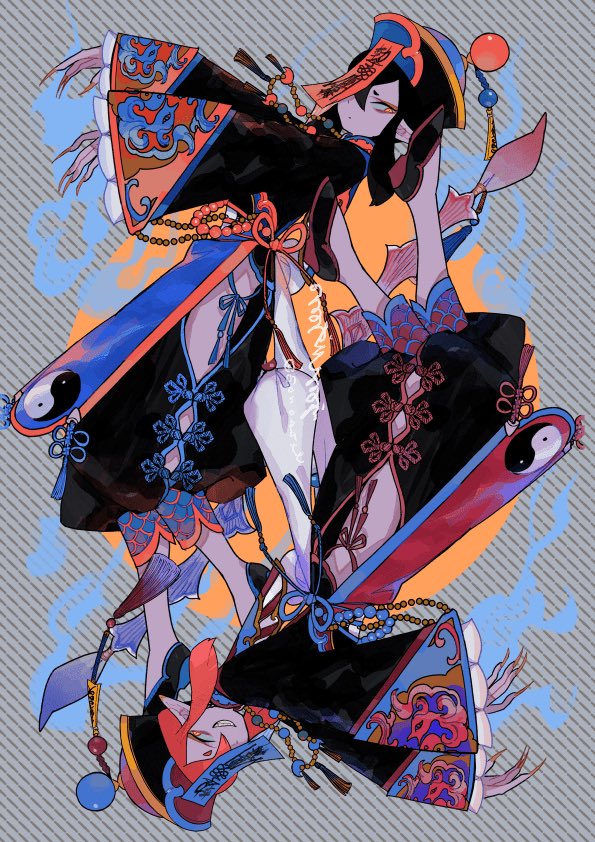 2boys, beads, black_footwear, black_hair, brothers, closed_mouth, fingernails, grin, hat, jiangshi, l_hakase, long_fingernails, long_sleeves, looking_at_another, medium_hair, multiple_boys, nail_polish, noruka, orange_nails, outstretched_arms, parted_lips, patterned, patterned_background, patterned_clothing, pointy_ears, red_hair, sharp_fingernails, short_eyebrows, siblings, signature, sleeves_past_wrists, slit_pupils, smile, solo, soruka, talisman, teeth, twins, twitter_username, very_long_fingernails, wide_sleeves, yellow_eyes, yin_yang, youkai_watch, zombie_pose