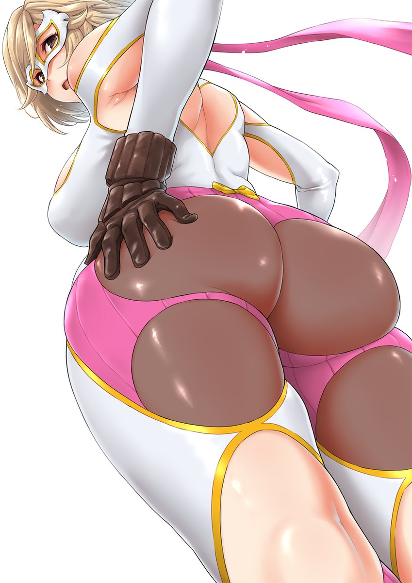 1girl, ass, back, blonde_hair, blush, breasts, brown_eyes, brown_gloves, djeeta_(granblue_fantasy), gloves, granblue_fantasy, highres, kemigawa_mondo, large_breasts, long_hair, looking_at_viewer, looking_back, luchador_(granblue_fantasy), open_mouth, short_hair, simple_background, thick_thighs, thighs, white_background, wide_hips, wrestling_mask, wrestling_outfit