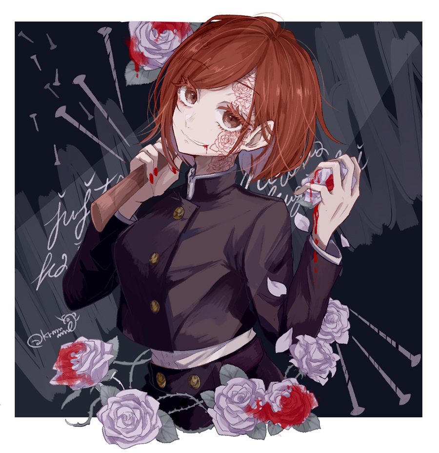 1girl, basara_masa, black_background, black_jacket, black_skirt, bleeding, blood, blood_on_face, border, brown_eyes, brown_hair, buttons, dripping, eyelashes, facial_mark, falling_petals, flower, gakuran, hammer, hands_up, has_bad_revision, head_tilt, holding, holding_flower, holding_hammer, holding_weapon, jacket, jujutsu_kaisen, kugisaki_nobara, long_sleeves, looking_at_viewer, nail_(hardware), petals, rose, school_uniform, shirt, short_hair, signature, skirt, smile, solo, swept_bangs, upper_body, weapon, white_border, white_flower, white_rose, white_shirt