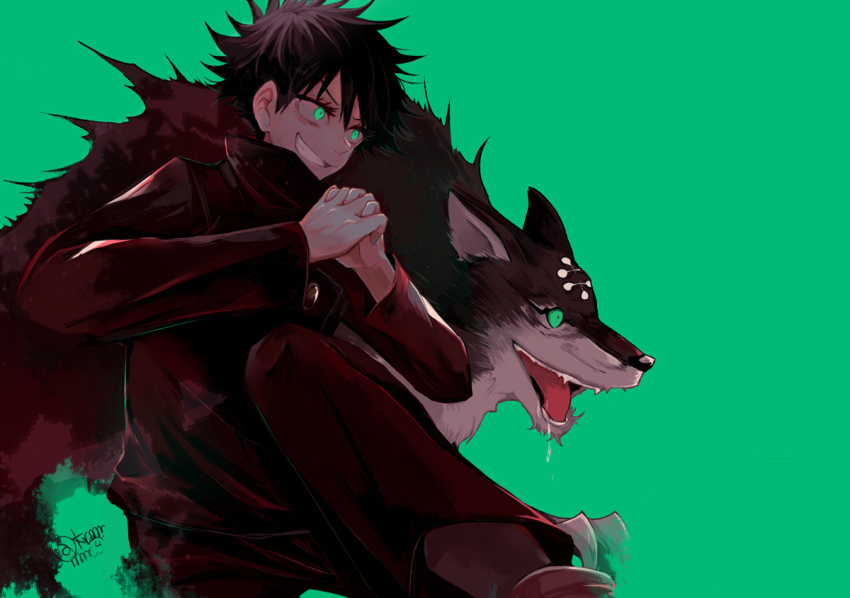1boy, animal, basara_masa, black_hair, black_jacket, black_pants, claws, drooling, familiar, feet_out_of_frame, fushiguro_megumi, gakuran, green_background, green_eyes, grin, hair_between_eyes, hands_up, has_bad_revision, high_collar, jacket, jujutsu_kaisen, leg_up, long_sleeves, looking_away, male_focus, md5_mismatch, open_mouth, own_hands_clasped, own_hands_together, pants, resolution_mismatch, school_uniform, signature, simple_background, smile, solo, source_smaller, spiked_hair, wolf