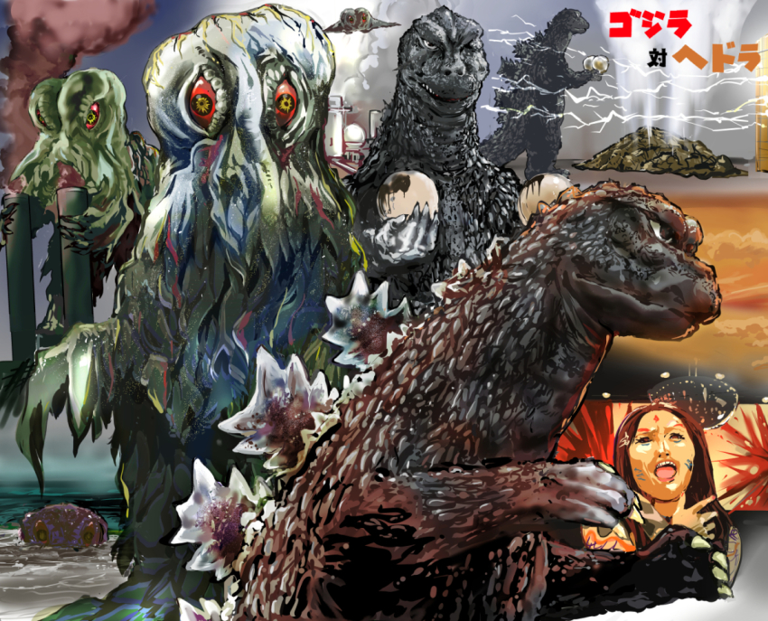 1girl, black_hair, character_request, city, commentary_request, destruction, electricity, facial_mark, fujinomiya_miki, giant_electrodes, godzilla, godzilla_(series), godzilla_vs._hedorah, hand_up, hedorah, kaiju, kamisimo_90, lightning, monster, ocean, oil_refinery, open_mouth, outdoors, pollution, red_eyes, sky, smoke, smokestack, teeth, toho, upper_teeth_only, water
