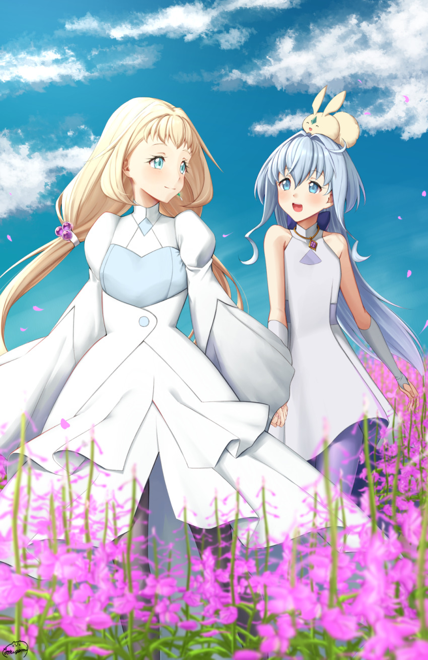 2girls, blonde_hair, blue_dress, blue_eyes, blue_hair, creature, dress, eve_(gundam_build_divers_re:rise), flat_chest, floating_hair, flower, gundam, gundam_build_divers, gundam_build_divers_re:rise, hair_between_eyes, highres, holding_hands, light_blush, long_hair, looking_at_another, looking_back, low-tied_long_hair, molly_(gundam_build_divers), multiple_girls, open_mouth, sara_(gundam_build_divers), short_bangs, sky, twintails, very_long_hair, walking, white_dress, yorugami_rei